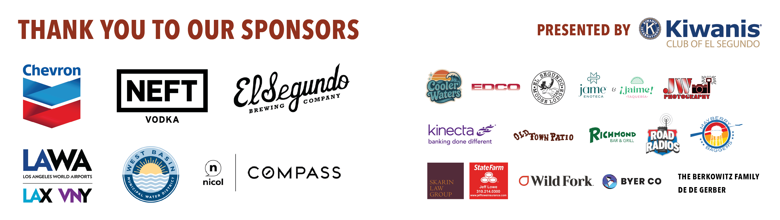 El Segundo Chilipalooza 2026 Sponsors — Chevron, LAWA, NEFT Vodka, El Segundo Brewing, Nicol Real Estate, Compass, State Farm, Byer Co Digital Marketing, Enco, Old Town Patio, Richmond Bar and Grill, Jame ¡Jaime!