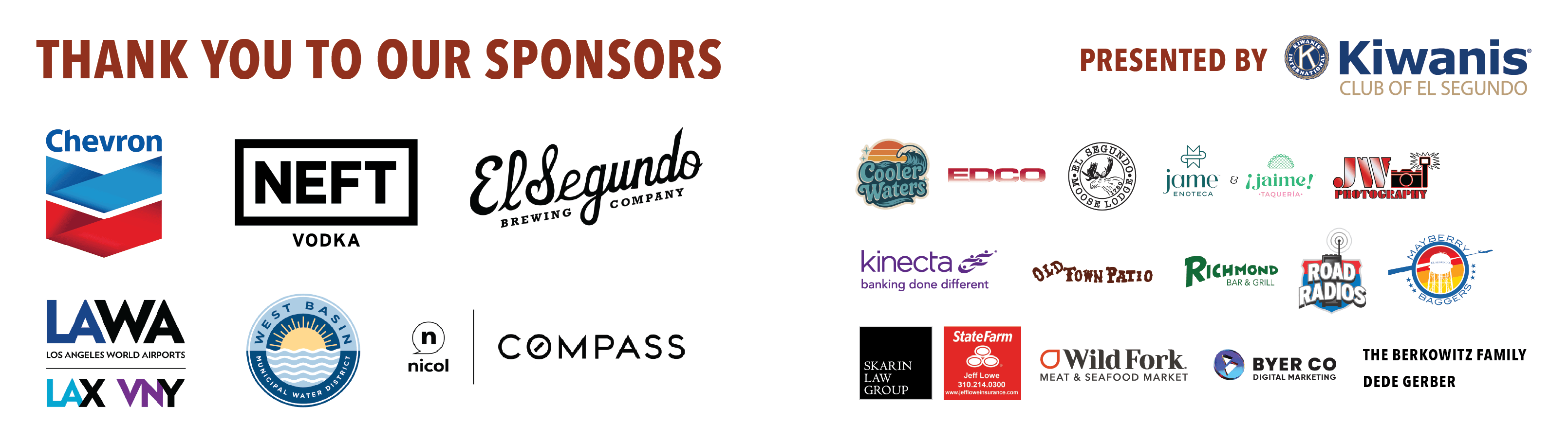 El Segundo Chilipalooza 2026 Sponsors — Chevron, LAWA, NEFT Vodka, El Segundo Brewing, Nicol Real Estate, Compass, State Farm, Byer Co Digital Marketing, Enco, Old Town Patio, Richmond Bar and Grill, Jame ¡Jaime!